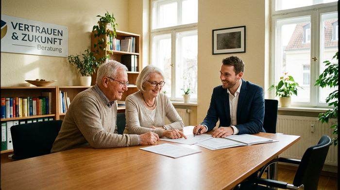 Ein älteres Ehepaar sitzt mit einem freundlichen Berater an einem Holztisch und schaut sich gemeinsam Dokumente an. Seriosität, Vertrauen, helle Büroumgebung.
