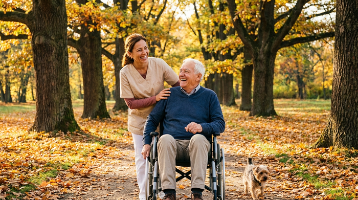 Eine fürsorgliche Betreuerin beim gemeinsamen Spaziergang mit einem älteren Herrn im Rollstuhl durch einen sonnigen, grünen Park mit alten Bäumen. Beide lachen, herbstliche Blätter liegen auf dem Weg.