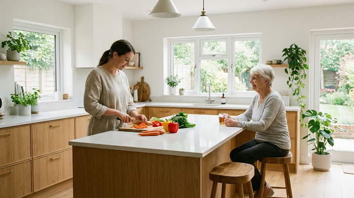 Eine Pflegerin bereitet in einer sauberen, modernen Küche frisches Gemüse für das Mittagessen vor. Eine ältere Dame sitzt am Küchentresen und schaut entspannt zu. Gemütliche, helle Einrichtung ohne störende Textelemente.