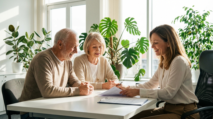 Ein älteres Ehepaar sitzt am Schreibtisch und schaut gemeinsam mit einer freundlichen Beraterin auf Dokumente. Die Stimmung ist positiv und erleichtert. Helles Büro mit Zimmerpflanzen im Hintergrund.