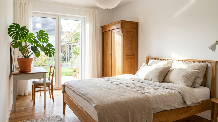 Ein helles, freundlich eingerichtetes Gästezimmer mit einem bequemen Bett, einem Holzschrank und einem kleinen Schreibtisch am Fenster. Eine grüne Pflanze steht auf dem Tisch, saubere und einladende Atmosphäre.