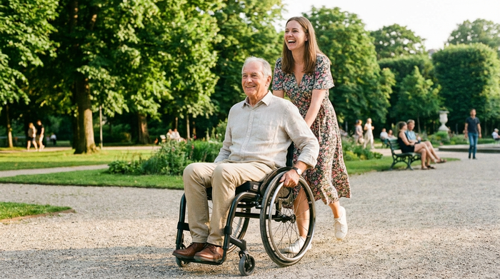 Ein älterer Herr im leichten, modernen Rollstuhl fährt entspannt durch einen sonnigen Park, geschoben von seiner lächelnden Tochter. Grüne Bäume und gepflegte Wege im Hintergrund.