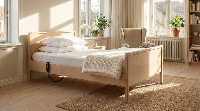 Ein modernes, elektrisches Pflegebett aus hellem Holz steht in einem gemütlichen, lichtdurchfluteten Schlafzimmer. Auf dem Bett liegen ordentlich gefaltete, weiße Kissen und eine weiche Decke.