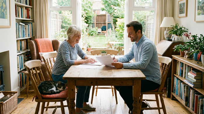 Eine ältere Dame sitzt am Esstisch und schaut gemeinsam mit einem Berater entspannt auf einige Dokumente. Beide lächeln zufrieden in einer ruhigen, häuslichen Umgebung.