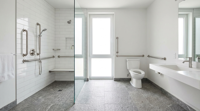 Ein helles, modern umgebautes, barrierefreies Badezimmer mit einer großzügigen, bodengleichen Dusche, eleganten Haltegriffen an den weißen Fliesen und einem rutschfesten, grauen Boden.