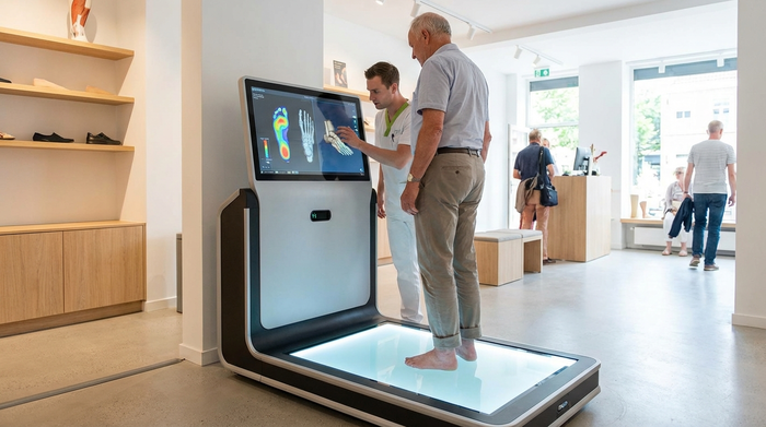 Ein moderner, digitaler 3D-Fußscanner in einem hellen Orthopädie-Fachgeschäft. Ein Orthopädietechniker analysiert die Fußstruktur eines älteren Herrn, der barfuß auf einer beleuchteten Glasplatte steht. Realistische Szene, saubere Umgebung.