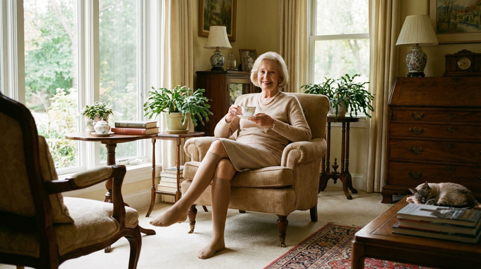 Eine elegante ältere Dame sitzt bequem in einem Sessel am Fenster und trägt modische, blickdichte Kompressionsstrümpfe in einem sanften Beigeton, die optisch wie normale Kniestrümpfe aussehen. Gemütliche, helle Wohnzimmeratmosphäre.