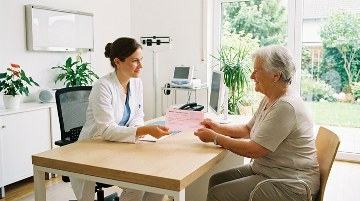 Eine aufmerksame Ärztin in einem sauberen, hellen Behandlungszimmer überreicht einer lächelnden Seniorin ein rosafarbenes Rezeptdokument. Beide sitzen sich vertrauensvoll gegenüber.