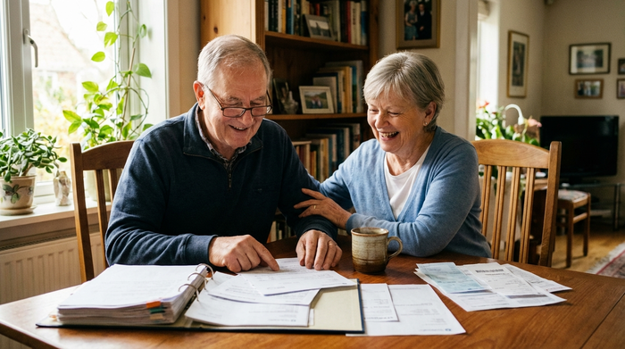 Ein älteres Ehepaar sitzt am heimischen Esstisch und bespricht entspannt Unterlagen. Eine Tasse Kaffee steht auf dem Tisch, die Stimmung ist ruhig und positiv.