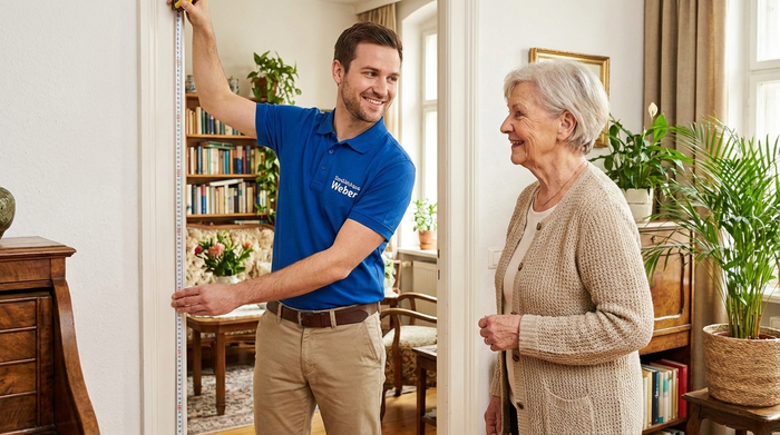 Ein freundlicher Mitarbeiter eines Sanitätshauses in gepflegter Arbeitskleidung misst mit einem Maßband die Breite eines Türrahmens in einer gemütlichen Wohnung. Eine Seniorin schaut interessiert zu.