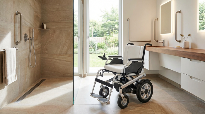 Ein moderner, sauberer Elektrorollstuhl steht in einem barrierefreien, hellen Badezimmer. Die Umgebung ist elegant, sicher und gut beleuchtet, ohne sichtbare Texte oder Etiketten.