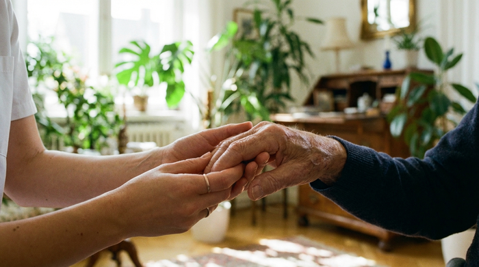 Eine Nahaufnahme von Händen, die sanft übereinanderliegen. Eine junge Pflegerin hält tröstend die Hand eines älteren Mannes. Im Hintergrund ein unscharfes, helles Wohnzimmer mit grünen Zimmerpflanzen.