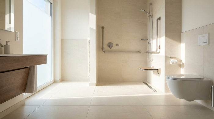 Ein modernes, barrierefreies Badezimmer mit einer bodengleichen Dusche und eleganten Haltegriffen. Helle Fliesen und ein aufgeräumtes Ambiente vermitteln Sicherheit und Komfort.