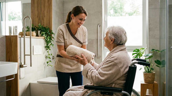Eine einfühlsame Pflegekraft reicht einer älteren Dame im hellen, modernen Badezimmer ein flauschiges Handtuch. Die Szene ist respektvoll, sauber und strahlt Geborgenheit sowie Vertrauen aus.