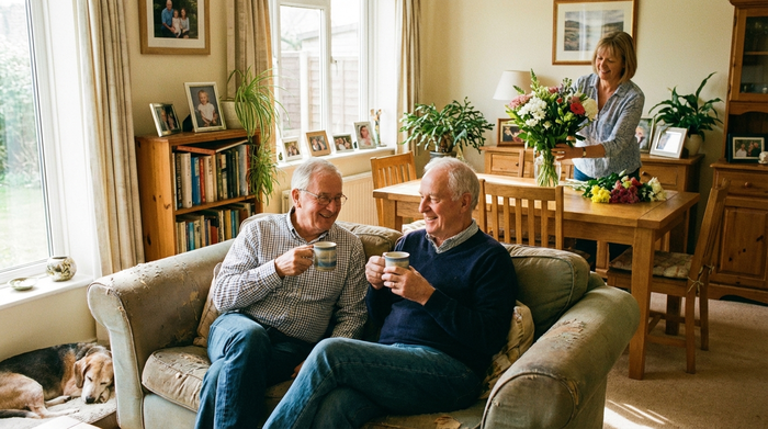 Ein älteres Ehepaar sitzt entspannt auf dem Sofa und trinkt gemütlich Kaffee, während im Hintergrund eine freundliche Haushaltshilfe frische Blumen auf den Esstisch stellt. Realistische, harmonische Wohnszene mit viel Tageslicht.