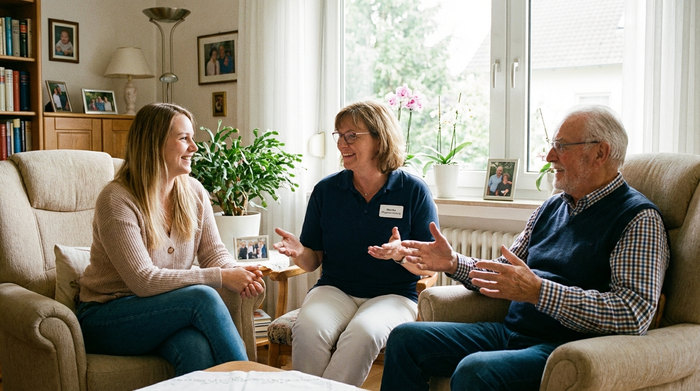 Eine professionelle Pflegedienstleitung im Gespräch mit einer jüngeren Frau und einem Senior im Wohnzimmer. Alle sitzen auf bequemen Sesseln, lächeln und tauschen sich aus. Freundliche, offene und vertrauensvolle Stimmung.