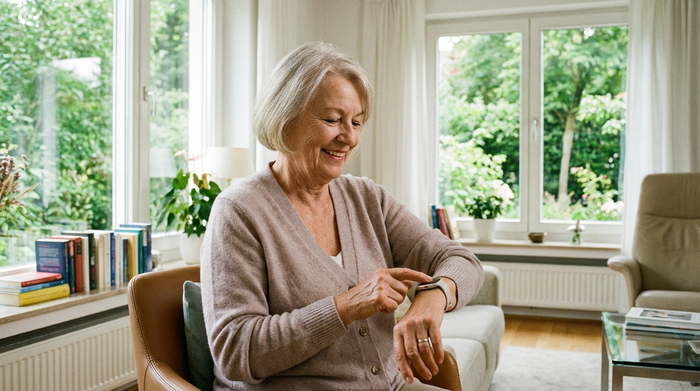 Eine ältere Frau bedient mit einem Lächeln ihren modernen Hausnotruf am Handgelenk. Sie sitzt gemütlich in einem hellen, aufgeräumten Wohnzimmer mit großen Fenstern und Blick in einen grünen Garten.