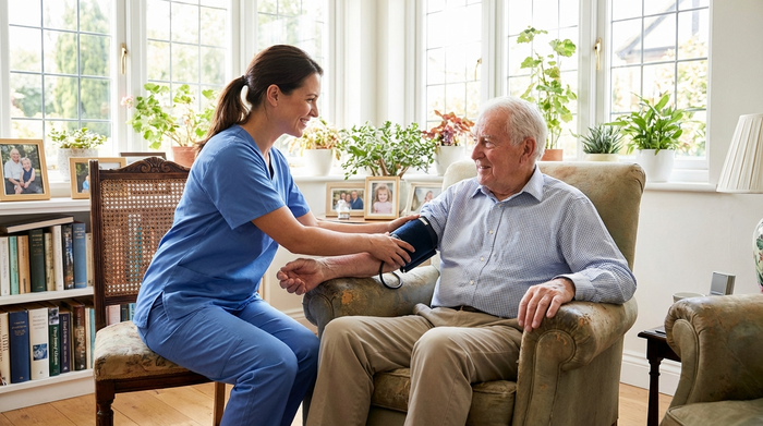 Eine professionelle Pflegekraft in blauer Berufskleidung misst sanft den Blutdruck eines älteren Herrn, der bequem in einem Sessel in seinem hellen Wohnzimmer sitzt. Vertrauensvolle Atmosphäre.