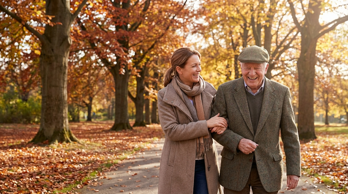 Eine Betreuerin und ein älterer Mann spazieren gemeinsam durch einen herbstlichen Park, sie hakt ihn stützend unter. Beide lächeln, im Hintergrund sind große Bäume und ein gepflasterter Weg.