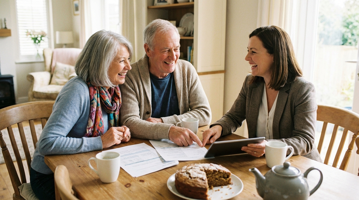 Ein älteres Ehepaar sitzt mit einer Beraterin am Esstisch, sie schauen gemeinsam auf Dokumente. Die Stimmung ist positiv und erleichtert, auf dem Tisch stehen Kaffeetassen.