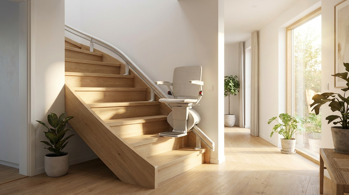 Ein moderner, unauffälliger Treppenlift in einem gepflegten, hellen Einfamilienhaus. Die Treppe besteht aus hellem Holz, das Sonnenlicht scheint durch ein Fenster im Flur.