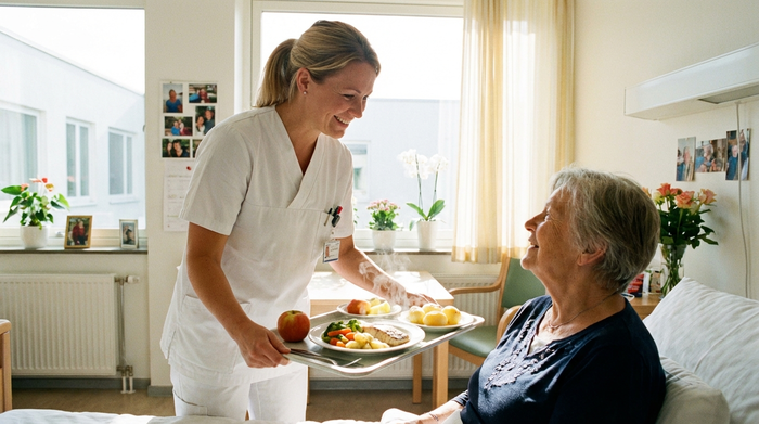 Eine freundliche Pflegekraft in weißer Uniform serviert einer älteren Dame ein Tablett mit frischem Essen in einem hellen, sauberen Pflegeheimzimmer. Realistische Szene, freundliches Licht.