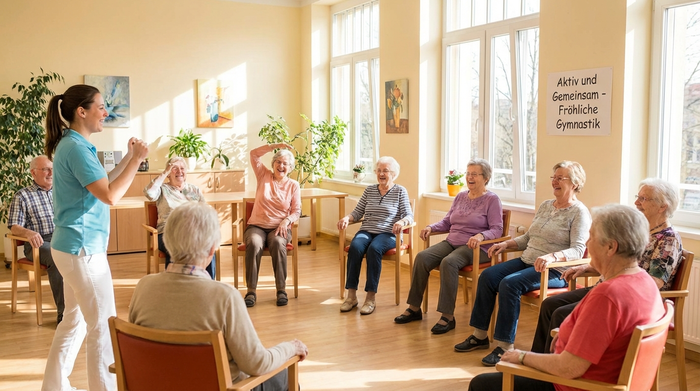 Eine Gruppe von Senioren macht leichte Gymnastikübungen im Sitzen in einem lichtdurchfluteten Gemeinschaftsraum eines Pflegeheims. Eine motivierte Betreuerin leitet die Gruppe an. Fröhliche Stimmung.