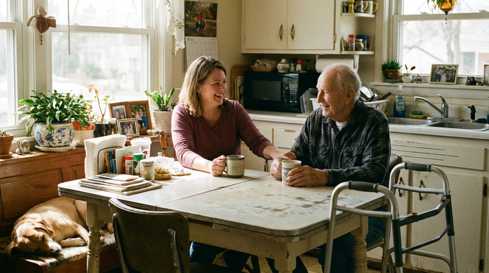 Eine liebevolle Betreuungskraft trinkt gemeinsam mit einem älteren Herrn Kaffee am Küchentisch eines gemütlichen Einfamilienhauses. Entspannte, familiäre Atmosphäre im eigenen Zuhause.