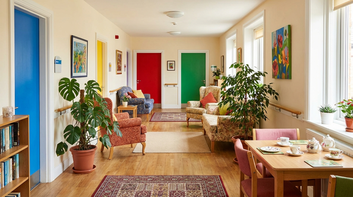 Ein heller, freundlich gestalteter Flur in einer Pflegeeinrichtung mit farbigen Türen zur besseren Orientierung für Demenzpatienten. Gemütliche Sitzgelegenheiten und große Zimmerpflanzen laden zum Verweilen ein.