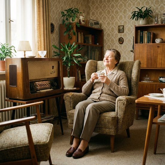 Ein gemütlich eingerichteter Raum im Stil der 1960er Jahre mit einem alten Röhrenradio, einem klassischen Ohrensessel und einer älteren Dame, die entspannt und lächelnd Musik hört.