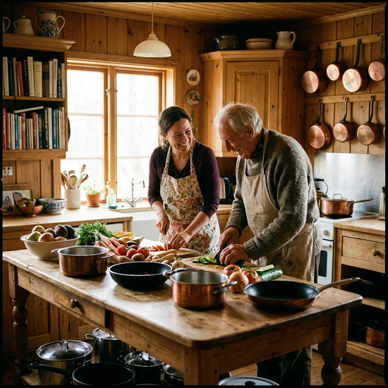 Eine herzliche Pflegekraft kocht gemeinsam mit einem älteren Herrn in einer gemütlichen, privaten Holzküche. Beide lachen fröhlich und schneiden frisches Gemüse auf dem Küchentisch.