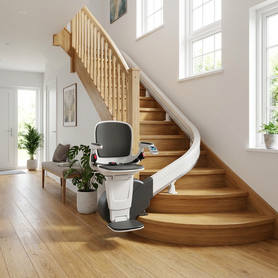 Ein moderner, sicherer Treppenlift an einer geschwungenen Holztreppe in einem gepflegten Einfamilienhaus. Helles Tageslicht beleuchtet den sauberen, einladenden Flurbereich.