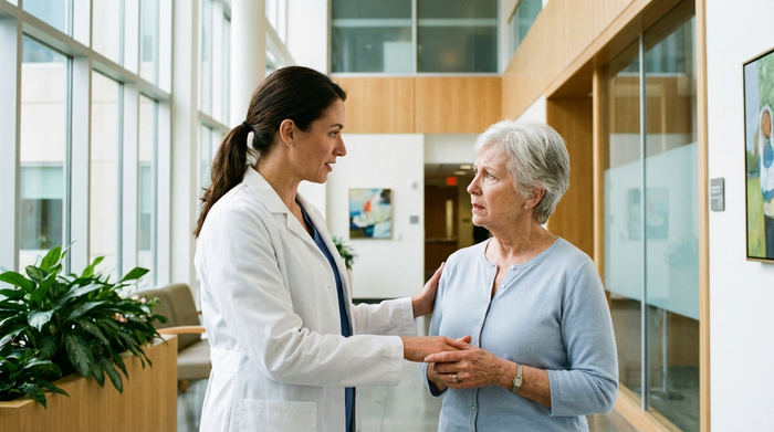 Ein einfühlsamer Arzt im weißen Kittel spricht beruhigend mit einer besorgten Angehörigen in einem hellen, modernen Krankenhausflur. Vertrauensvolle und professionelle Situation, saubere Umgebung.