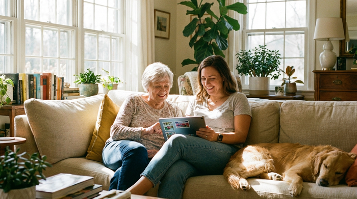 Eine ältere Person und ihre Tochter sitzen entspannt auf einem Sofa und schauen gemeinsam auf ein Tablet. Helles Wohnzimmer, harmonische Stimmung, keine erkennbaren Texte auf dem Bildschirm.