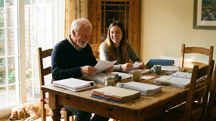 Ein älterer Herr und eine jüngere Frau sitzen an einem Esstisch und sortieren gemeinsam ordentlich gestapelte Papiere. Beide wirken erleichtert und lächeln. Warmes Tageslicht fällt durch das Fenster.