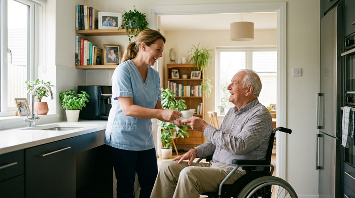 Eine freundliche Pflegekraft reicht einem lächelnden Senioren eine Tasse Tee in einer modernen, barrierefreien Küche. Herzliche und fürsorgliche Interaktion im vertrauten eigenen Zuhause.