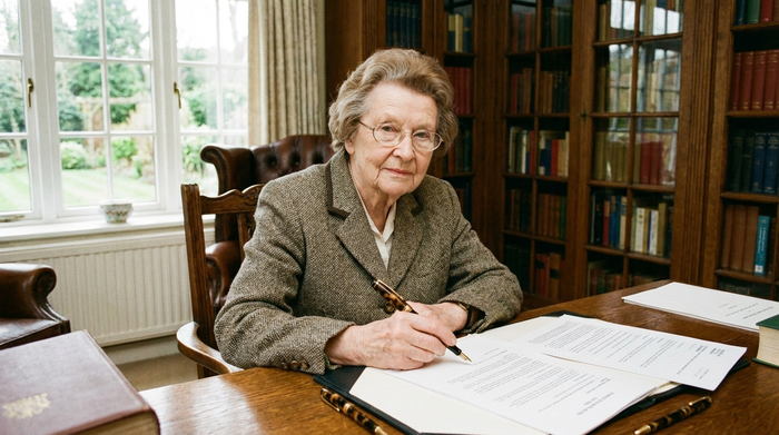 Eine ältere Dame sitzt an einem aufgeräumten Holzschreibtisch und hält einen edlen Füller in der Hand, bereit Papiere zu unterschreiben. Seriöse, ruhige Arbeitszimmer-Atmosphäre im Hintergrund.