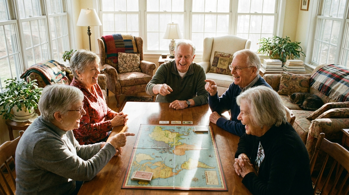 Eine Gruppe fröhlicher Senioren sitzt an einem großen Holztisch in einem sonnigen Raum, spielt gemeinsam ein Brettspiel und lacht. Im Hintergrund stehen gemütliche Sofas.