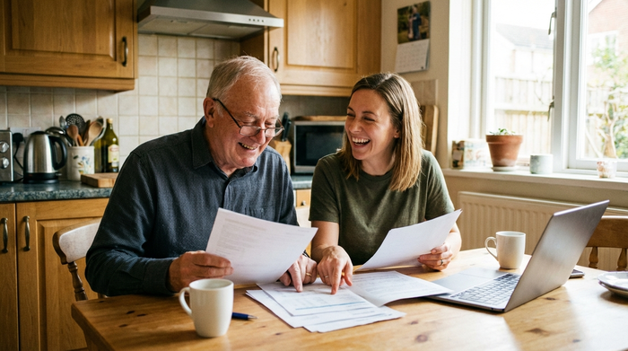 Ein älterer Herr mit Lesebrille sitzt am Küchentisch und bespricht entspannt mit seiner Tochter einige Dokumente. Beide wirken erleichtert und zufrieden.