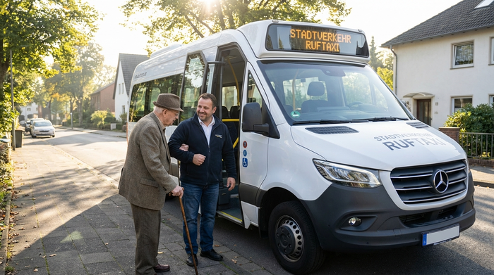 Ein freundlicher Fahrer eines modernen, weißen Kleinbusses hilft einem älteren Herrn mit Gehstock behutsam beim Einsteigen. Die Szene spielt in einer ruhigen Wohnstraße an einem sonnigen Vormittag.