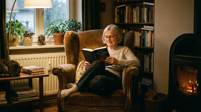 Eine ältere Frau ruht in einem bequemen Sessel in einem ruhigen, leicht abgedunkelten Raum und liest entspannt ein Buch. Die Atmosphäre ist friedlich und gemütlich.