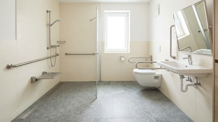Ein modern renoviertes, barrierefreies Badezimmer mit einer geräumigen, ebenerdigen Dusche, stabilen Haltegriffen an den hellen Fliesenwänden und einem rutschfesten Boden.
