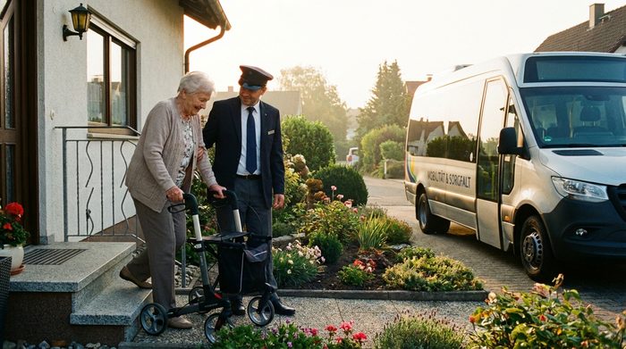 Ein fürsorglicher Fahrer in Dienstkleidung begleitet eine ältere Dame mit Rollator von ihrer Haustür zum wartenden Kleinbus. Gepflegter Vorgarten, sonniger Morgen, realistische und warme Lichtstimmung.