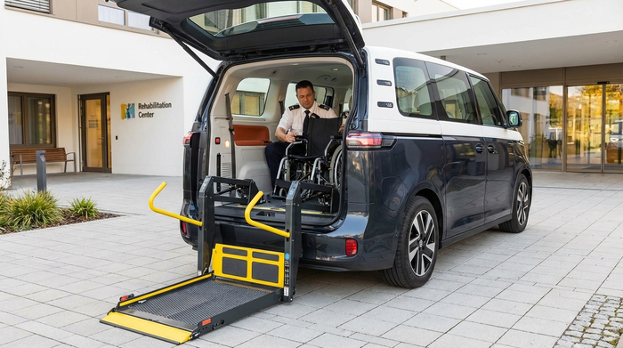 Ein moderner Kleinbus mit ausgefahrener hydraulischer Hebebühne am Heck. Ein Fahrer sichert behutsam einen leeren Rollstuhl im hellen Innenraum des Busses. Fokus auf Sicherheit und Barrierefreiheit, saubere Umgebung.