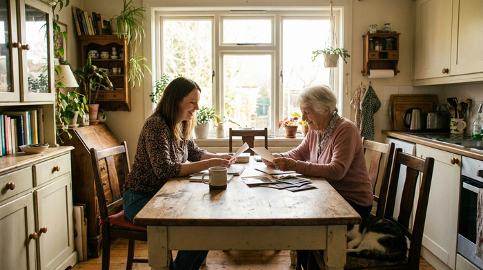 Eine ältere Dame und ihre Tochter sitzen entspannt am Küchentisch und schauen sich lächelnd Unterlagen an. Eine Tasse Kaffee steht auf dem Tisch. Gemütliche, helle Wohnatmosphäre, authentische Szene ohne sichtbaren Text.