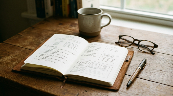 Ein aufgeschlagenes Notizbuch liegt auf einem Holztisch neben einer Lesebrille und einem Kugelschreiber. Im Hintergrund steht unscharf eine Kaffeetasse. Ruhige, aufgeräumte Szene, die Planung und Organisation symbolisiert.