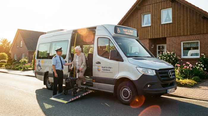 Ein moderner, rollstuhlgerechter Kleinbus hält vor einem gepflegten Einfamilienhaus. Ein freundlicher Fahrer hilft einer lächelnden älteren Dame mit Rollator beim sicheren Einstieg. Sonniges Wetter, realistische Szene.