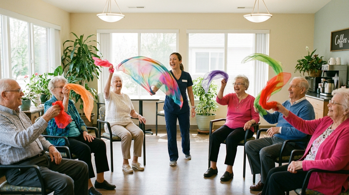 Eine Gruppe von Senioren sitzt in einem hellen Raum im Kreis und macht leichte Sitzgymnastik mit bunten Tüchern. Eine motivierende Therapeutin leitet die Übungen freudig an. Fröhliche Stimmung, helle Beleuchtung.
