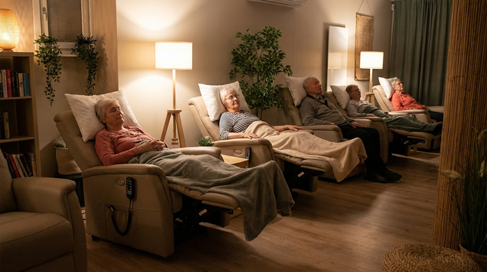 Ein gemütlicher, leicht abgedunkelter Ruheraum mit komfortablen, elektrisch verstellbaren Pflegesesseln. Ältere Menschen ruhen sich entspannt aus, einige haben die Augen geschlossen. Friedliche, beruhigende Atmosphäre, sanftes Licht.