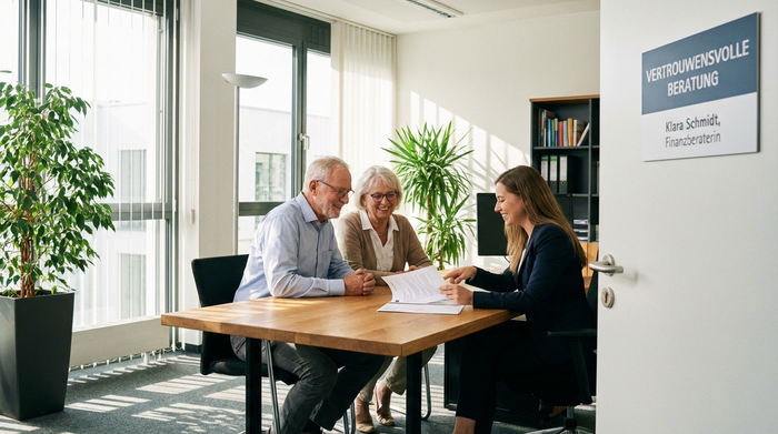 Ein älteres Ehepaar sitzt gemeinsam mit einer Beraterin an einem Schreibtisch und schaut sich lächelnd Dokumente an. Vertrauensvolle Beratungssituation, aufgeräumtes und helles Büro.